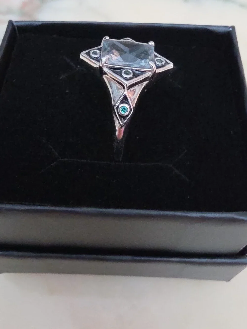 Silver-Tone Rectangular Stone Ring - 925 Sterling Silver